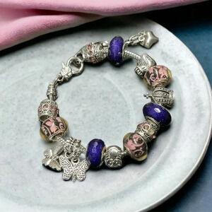 Purple Pink Beaded Silver Butterfly Charm Bracelet